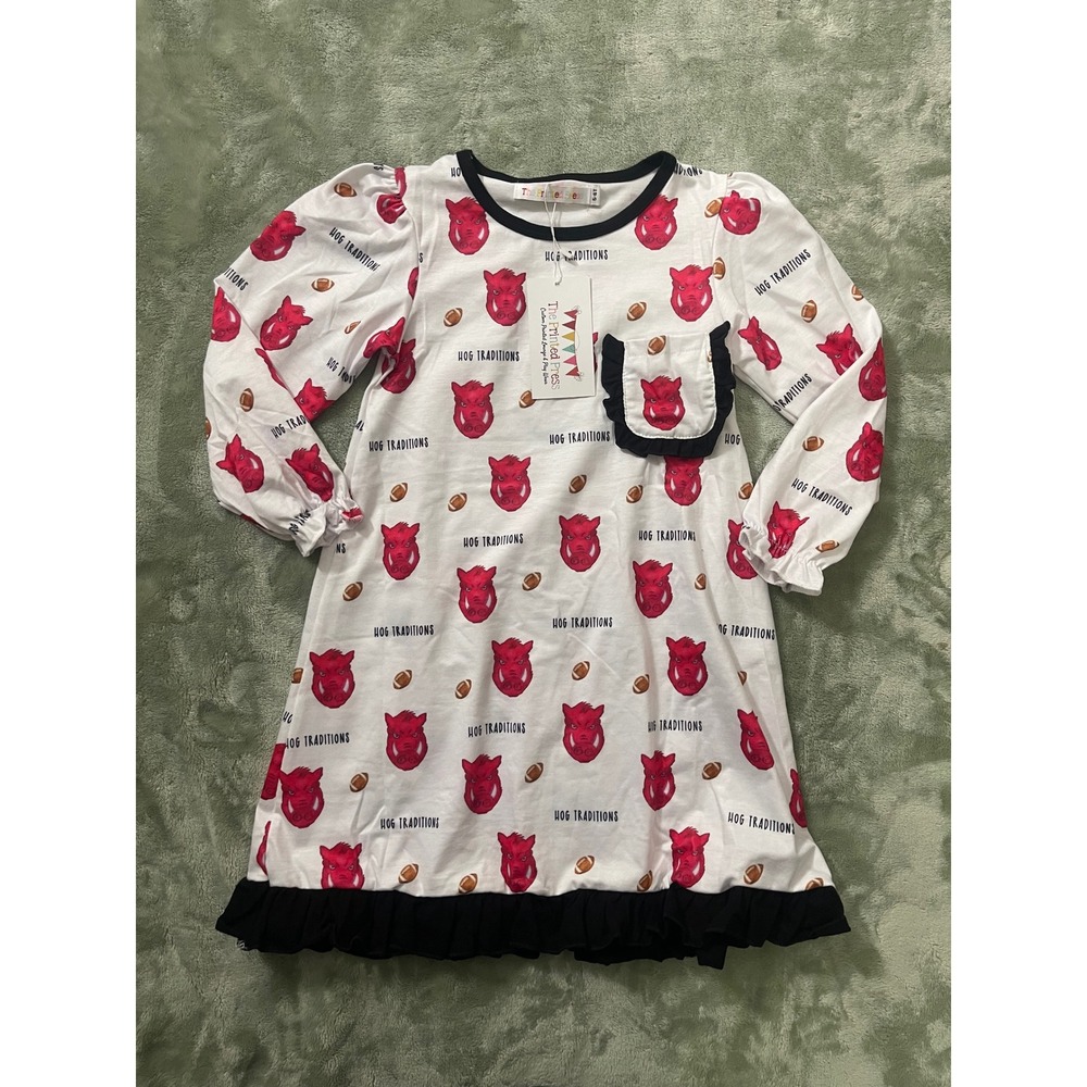 Kids "Hog Traditions" Pig‎ Football Print Long Sleeve Dress with Pocket 5t
